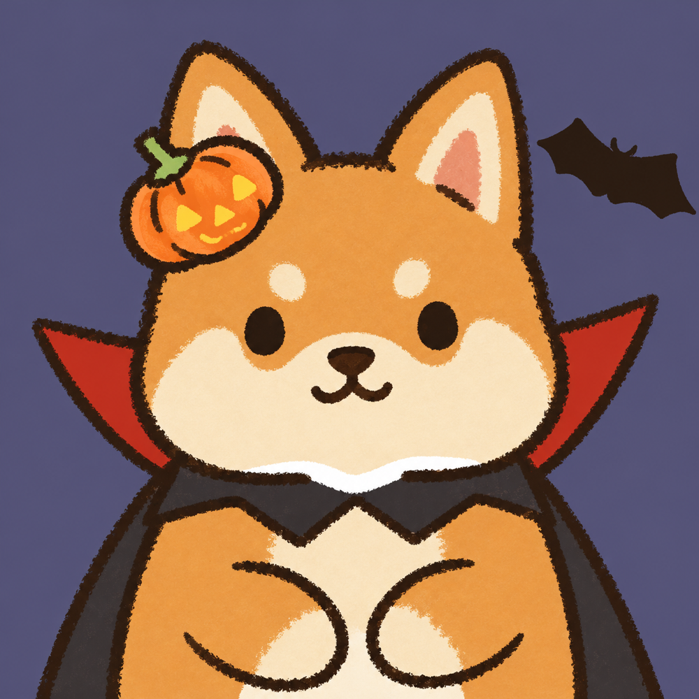 Cute Shiba Inu wearing a Halloween vampire cape and pumpkin hat